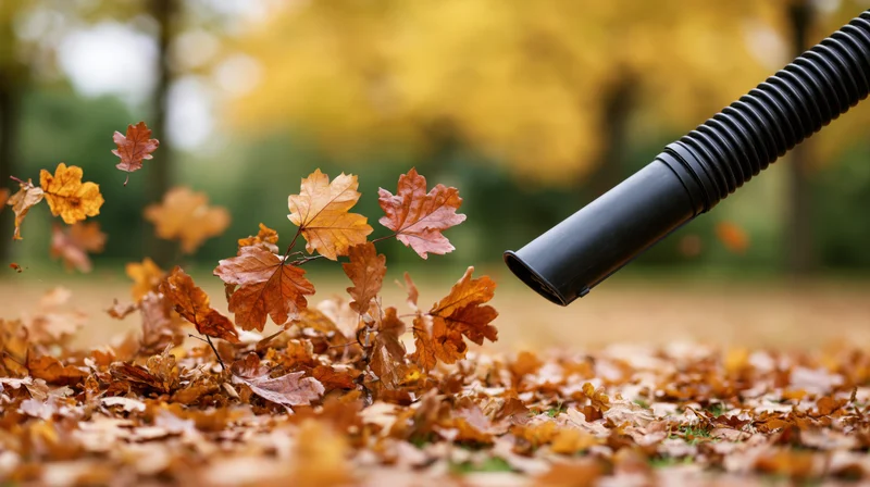Leaf blower nozzle blowing autumn leaves across a yard in fall