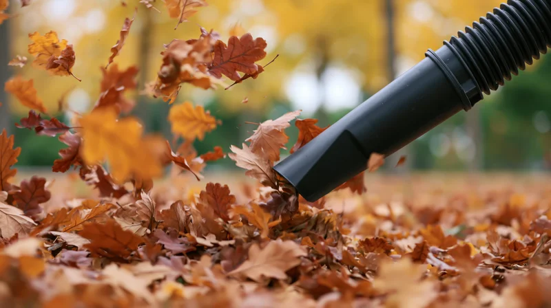 Leaf blower nozzle blowing fallen autumn leaves across a yard