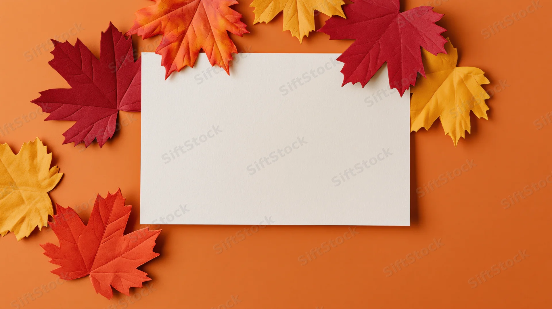 Blank white card surrounded by colorful autumn maple leaves on orange background