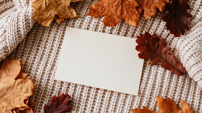 Blank cream card on a cream ribbed knit sweater surrounded by autumn leaves