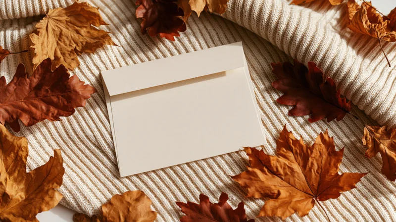 Cream envelope lying flat on ribbed knit sweater surrounded by dried autumn leaves