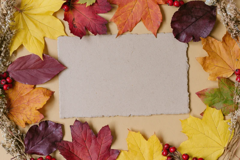 Blank kraft paper card surrounded by autumn leaves and berries on beige surface