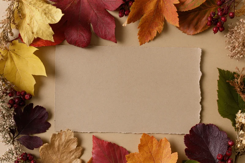 Blank kraft paper card centered on a beige surface surrounded by autumn leaves and berries
