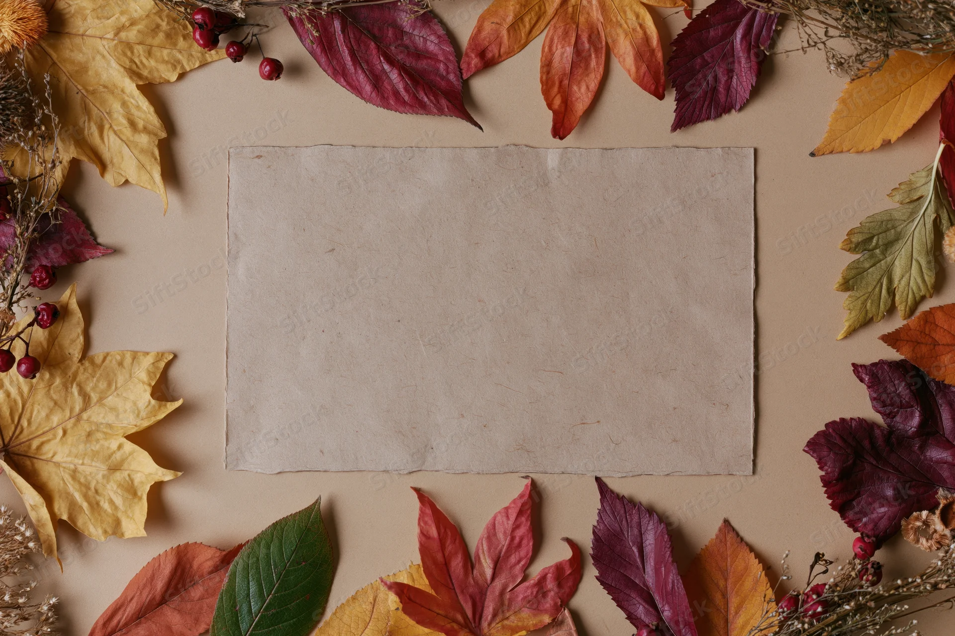 Blank kraft paper card centered on beige surface surrounded by autumn leaves and berries