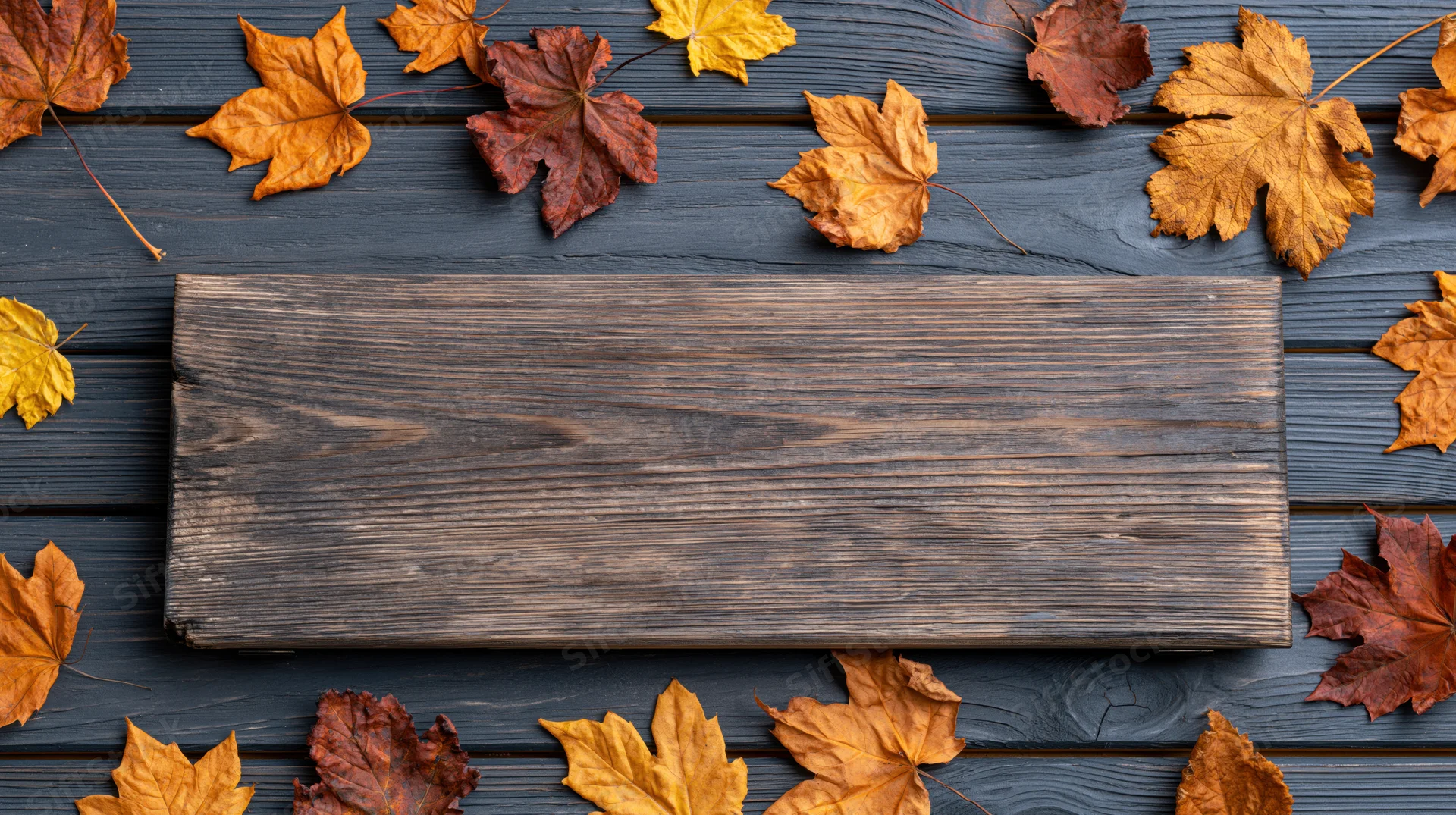 Rustic wooden sign board lying flat on dark grey wood surrounded by autumn maple leaves