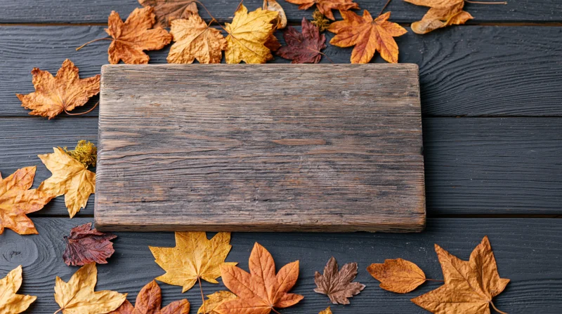 Rustic wooden sign board lying flat on dark grey wood surrounded by dried autumn maple leaves