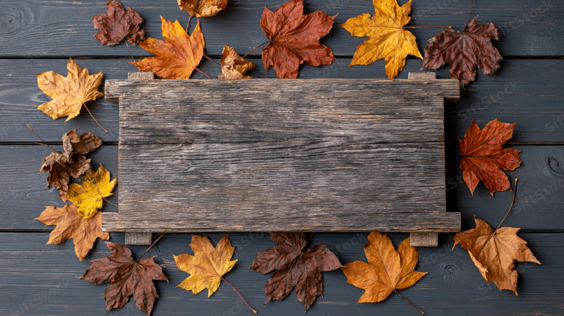Rustic wooden sign surrounded by autumn maple leaves on dark grey wood surface