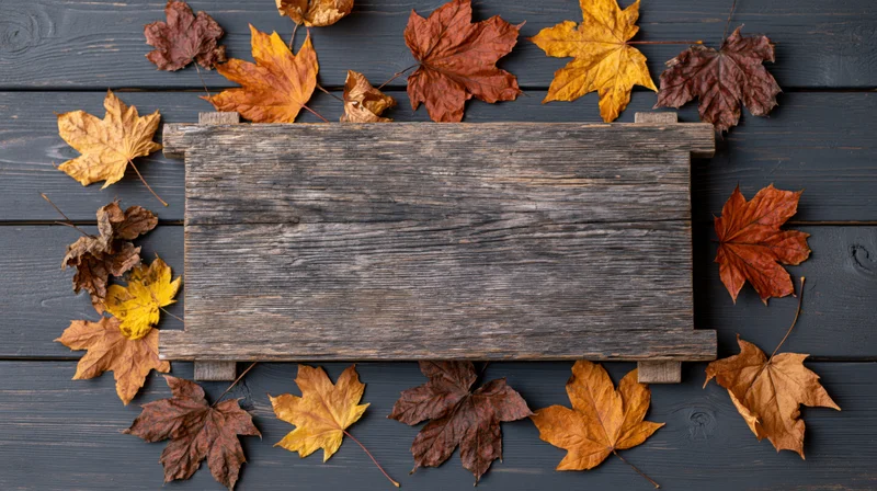 Rustic wooden sign surrounded by autumn maple leaves on dark grey wood surface