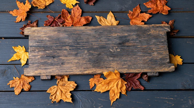 Blank rustic wooden sign surrounded by autumn maple leaves on dark grey wood surface