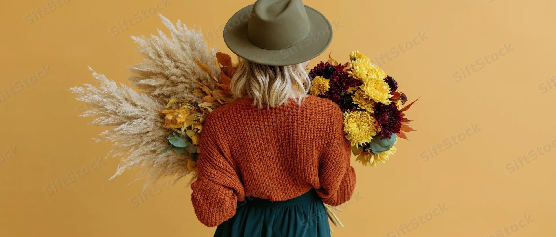 Woman from behind holding large autumn bouquet of dried pampas grass and colorful flowers against warm yellow backdrop