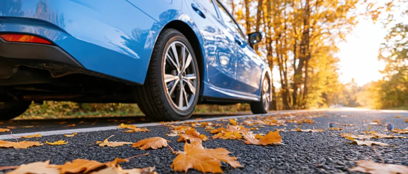 Blue sedan parked on autumn road with fallen leaves on pavement, low-angle view