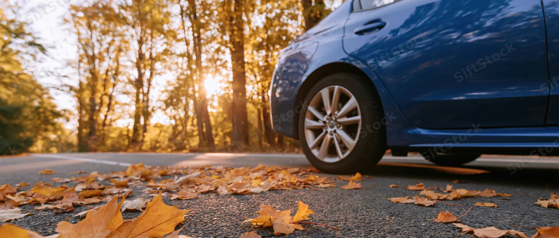Blue sedan parked on autumn road with fallen leaves on pavement at ground level