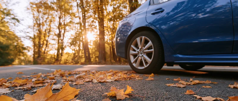Blue sedan parked on autumn road with fallen leaves on pavement at ground level