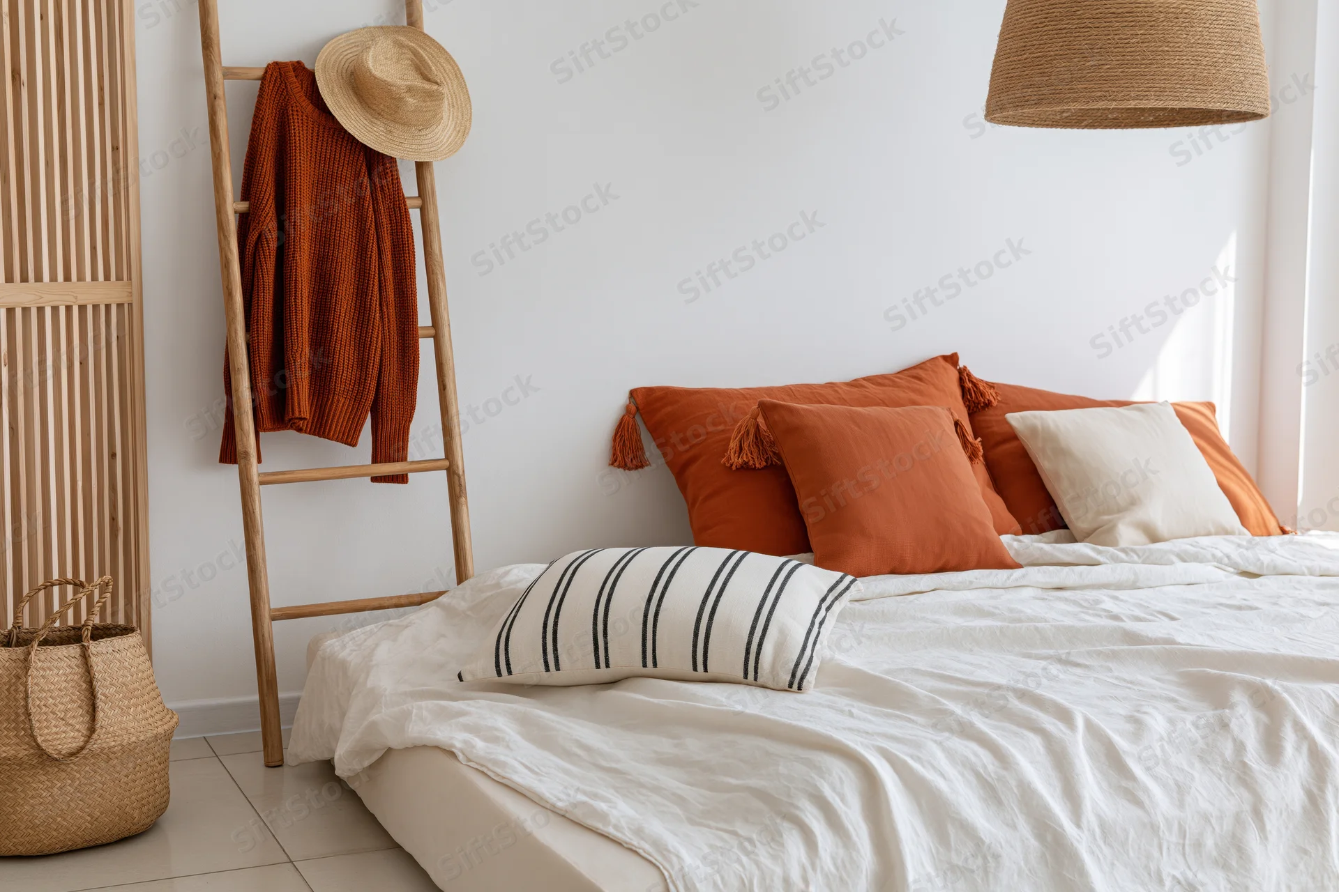 Low platform bed with white bedding and orange pillows in a bohemian bedroom with wooden ladder, woven hat, and wicker basket