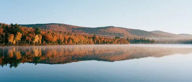 Calm lake reflecting autumn forest at dawn with mist over water and mountains in background