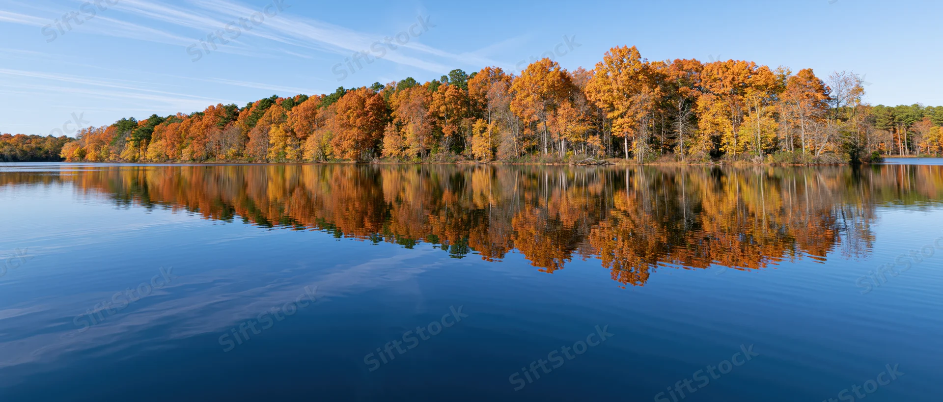 Calm lake reflecting dense autumn treeline along shoreline under clear blue sky