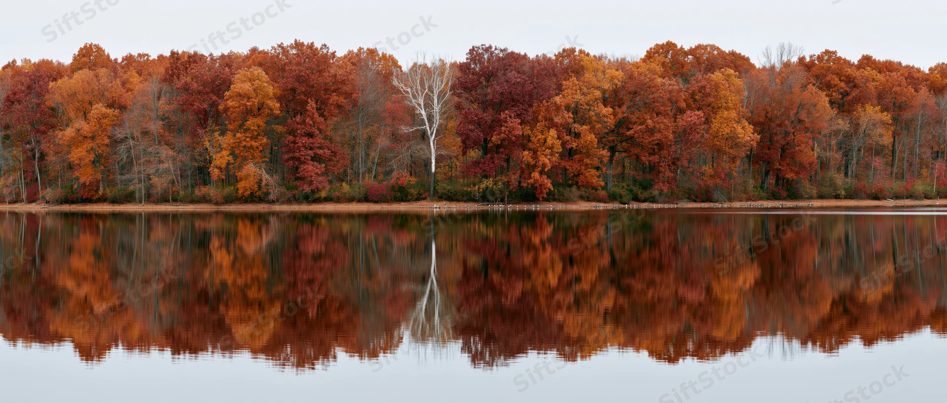 Calm lake reflecting dense treeline of peak autumn foliage along shoreline