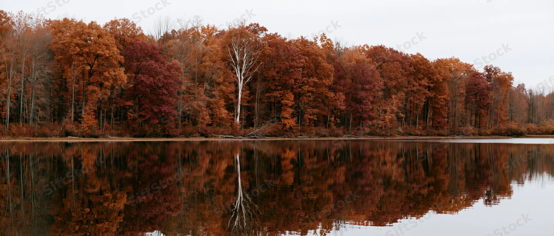 Calm lake reflecting dense treeline of peak autumn foliage along the shore