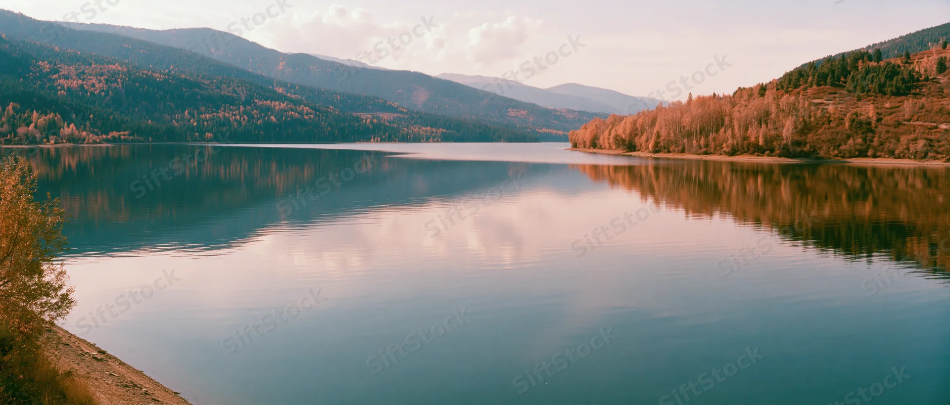 Calm mountain lake reflecting autumn forest and hillsides under soft evening light