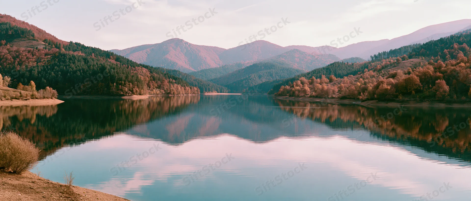 Calm mountain lake reflecting autumn forest and hillsides in still water