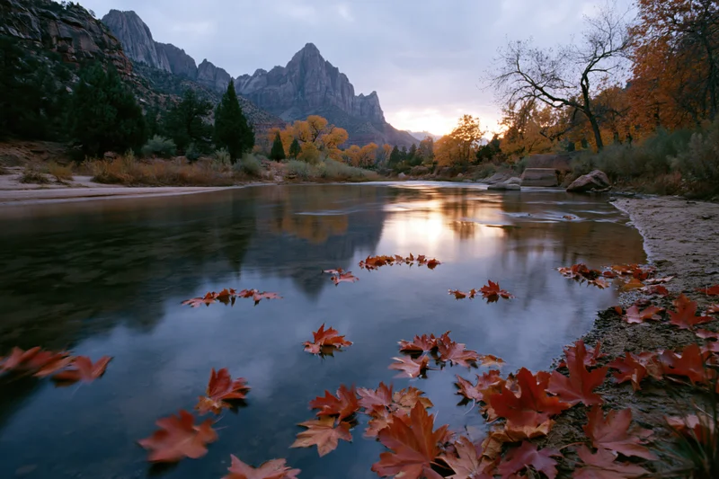 Calm river reflecting autumn trees and mountains at sunset