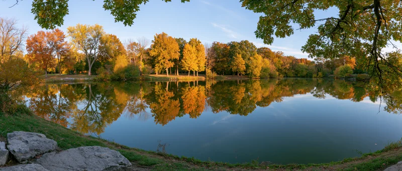 Calm pond reflecting autumn trees in a park setting