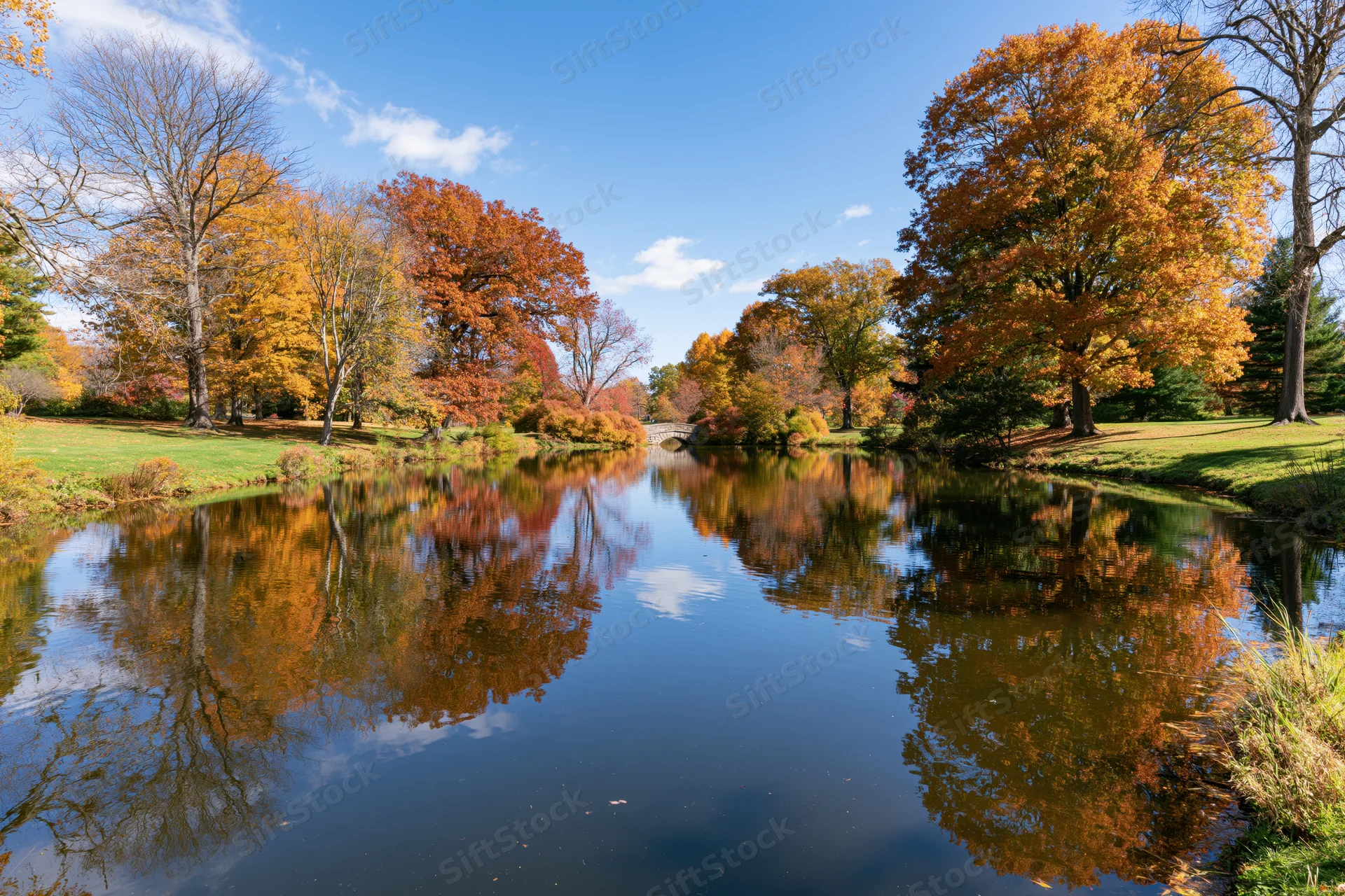 Calm park pond reflecting autumn trees in peak fall color under blue sky