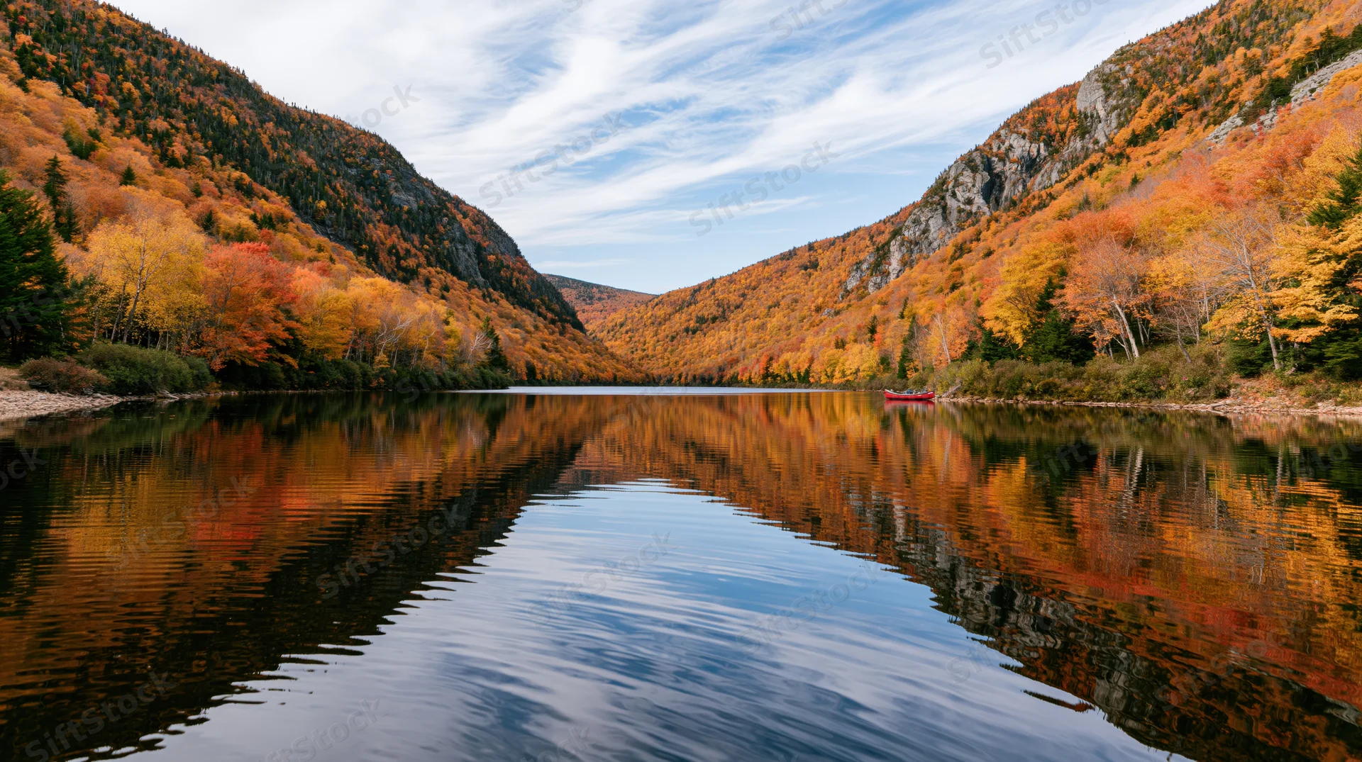 Calm river reflecting autumn foliage in a narrow mountain valley