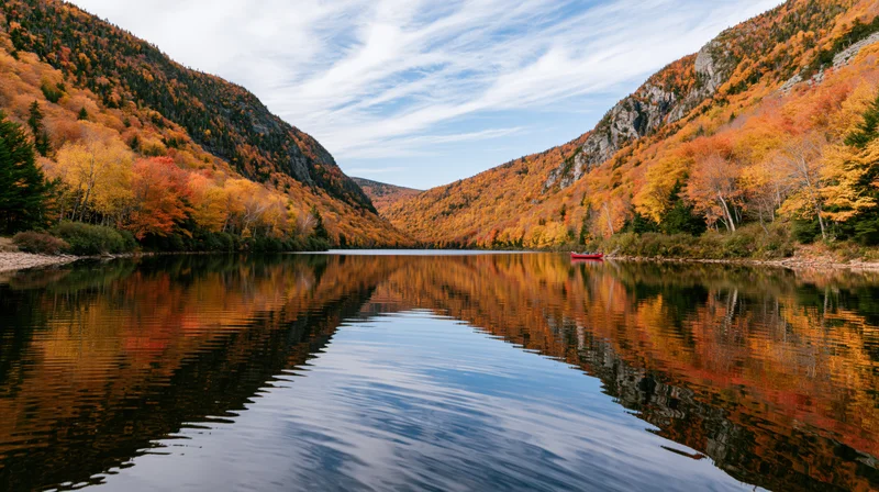 Calm river reflecting autumn foliage in a narrow mountain valley