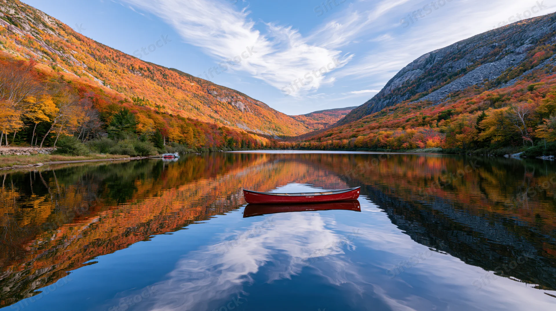 Red canoe floating on calm river reflecting autumn foliage in mountain valley