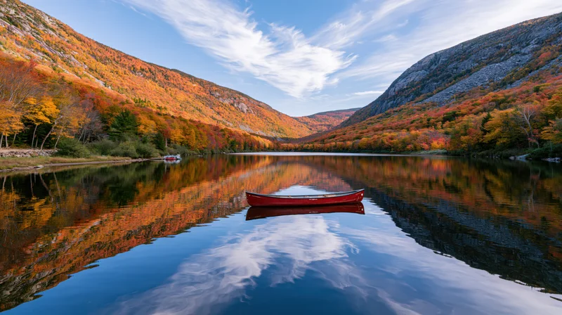 Red canoe floating on calm river reflecting autumn foliage in mountain valley