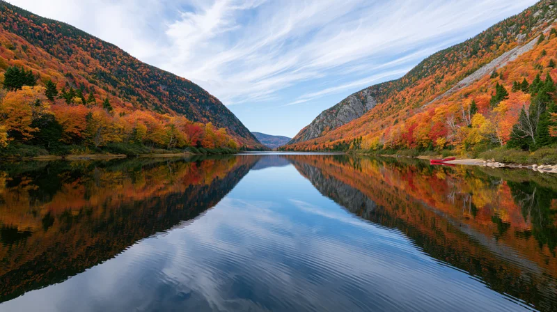 Calm river reflecting autumn foliage in a narrow mountain valley