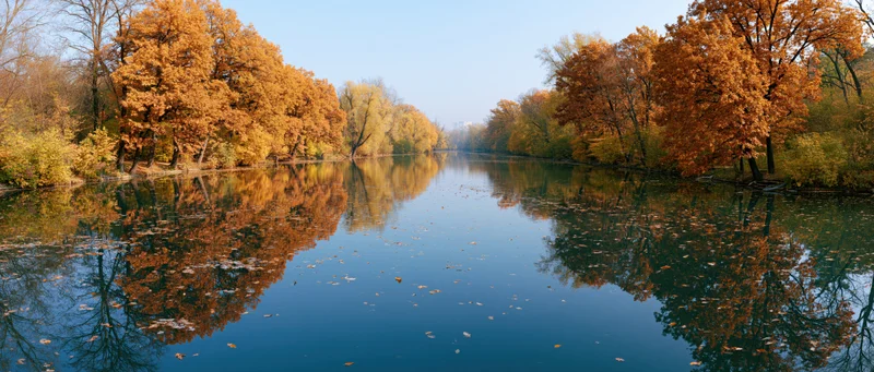 Calm river reflecting autumn trees in a park setting