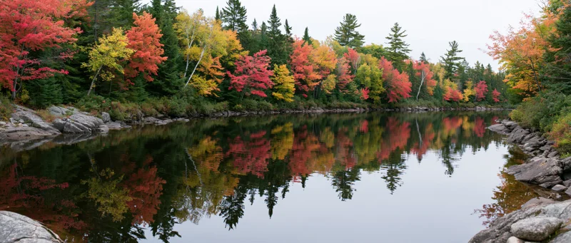 Calm river reflecting dense mixed forest in peak autumn foliage