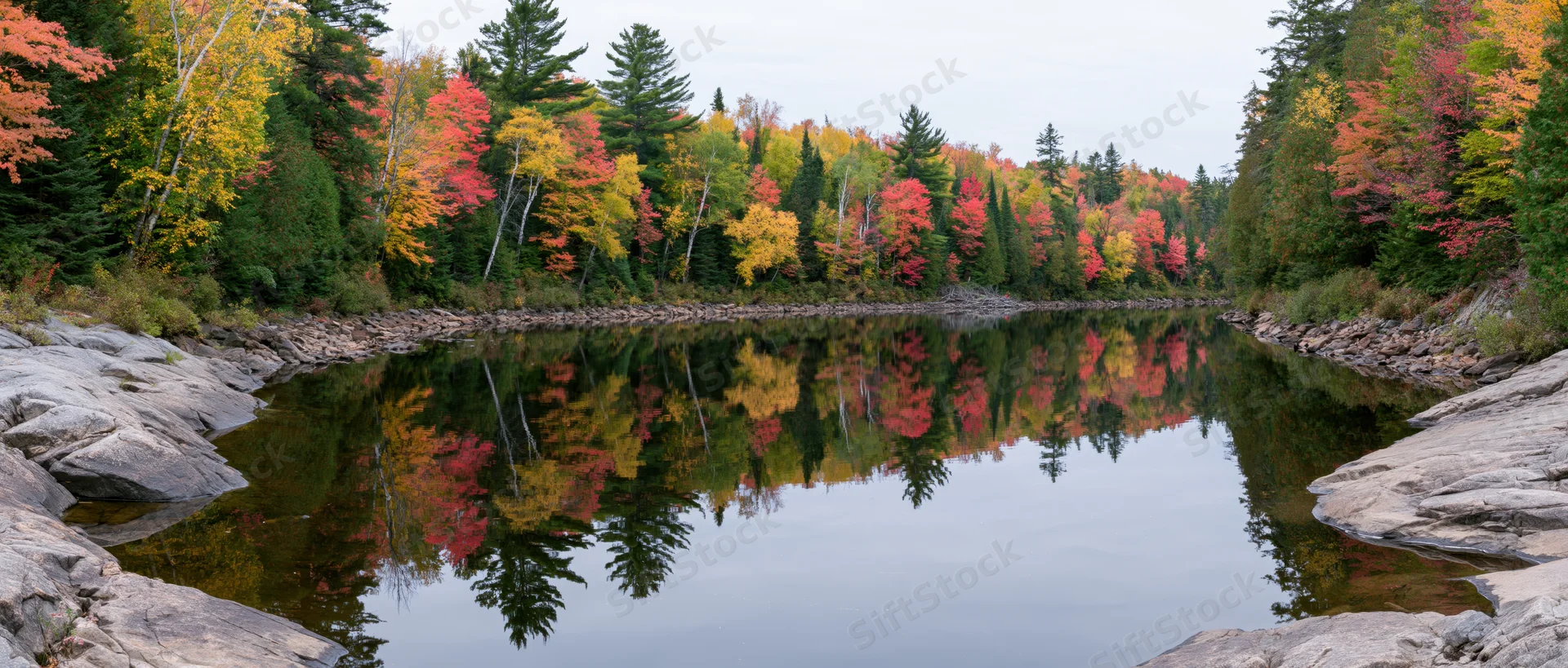 Calm river reflecting dense mixed forest in peak autumn foliage