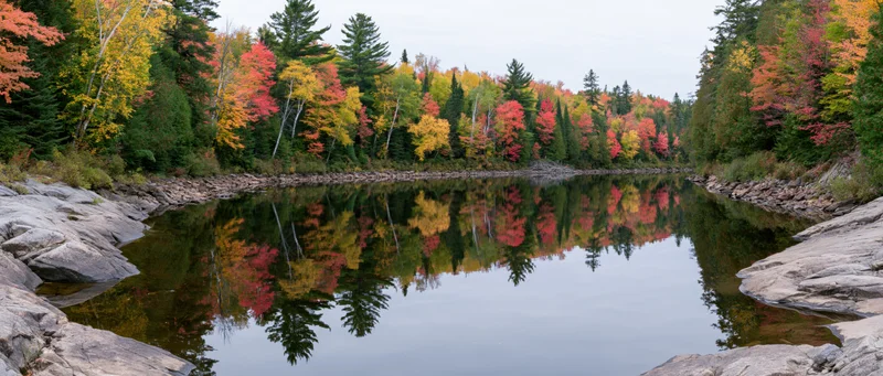 Calm river reflecting dense mixed forest in peak autumn foliage