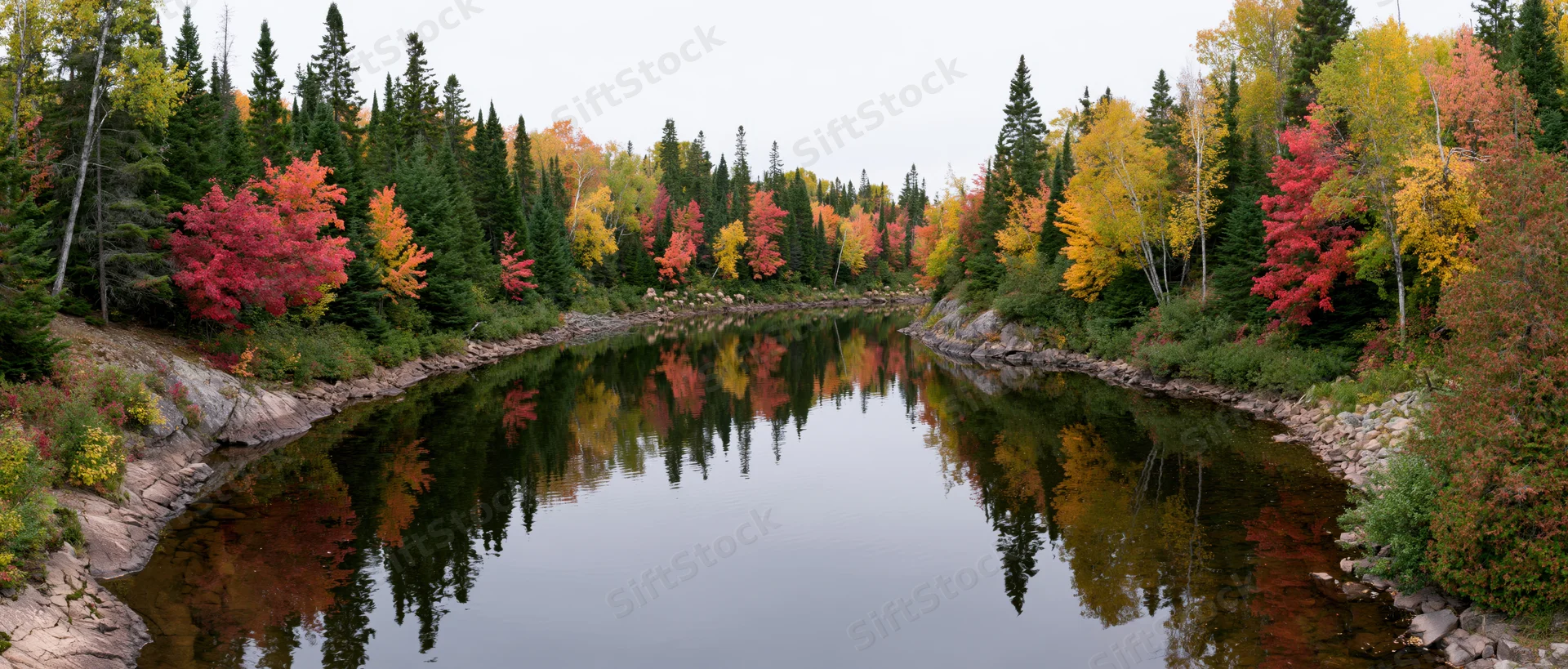 Calm river reflecting dense mixed forest in peak autumn foliage