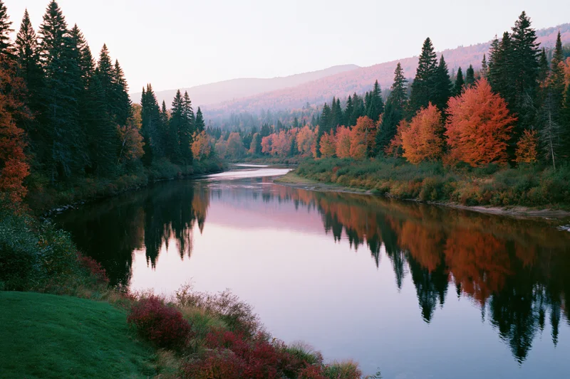 Calm river winding through autumn forest with colorful trees reflecting in still water