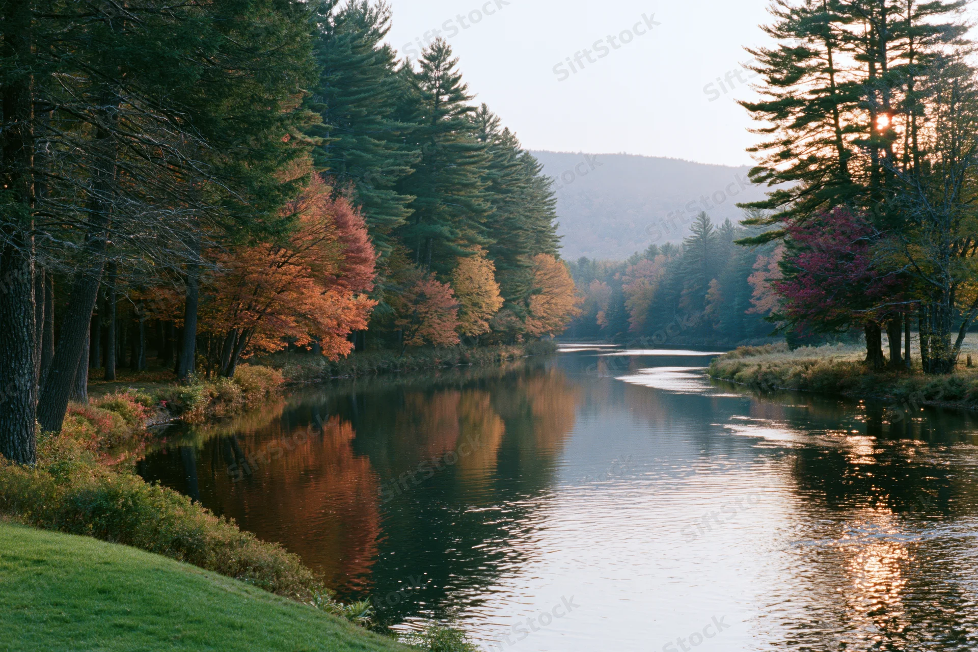 Calm river winding through autumn forest with colorful trees reflecting in water