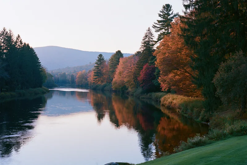 Calm river winding through autumn forest with colorful trees reflecting in water