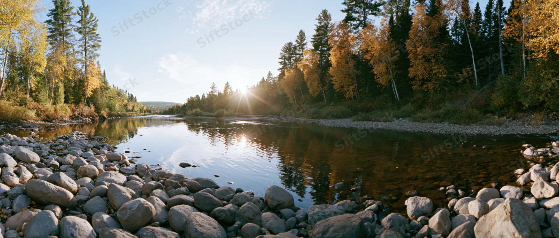 Shallow river reflecting autumn trees and low sun at riverbank
