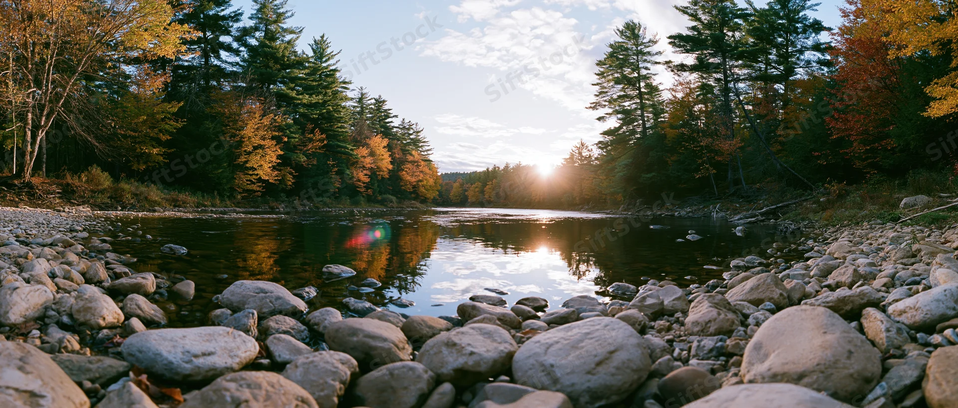 Shallow river reflecting autumn trees and low sun at sunset in a forested landscape