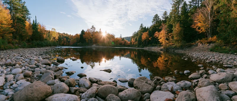 Shallow river reflecting autumn trees and low sun at sunset in forested landscape