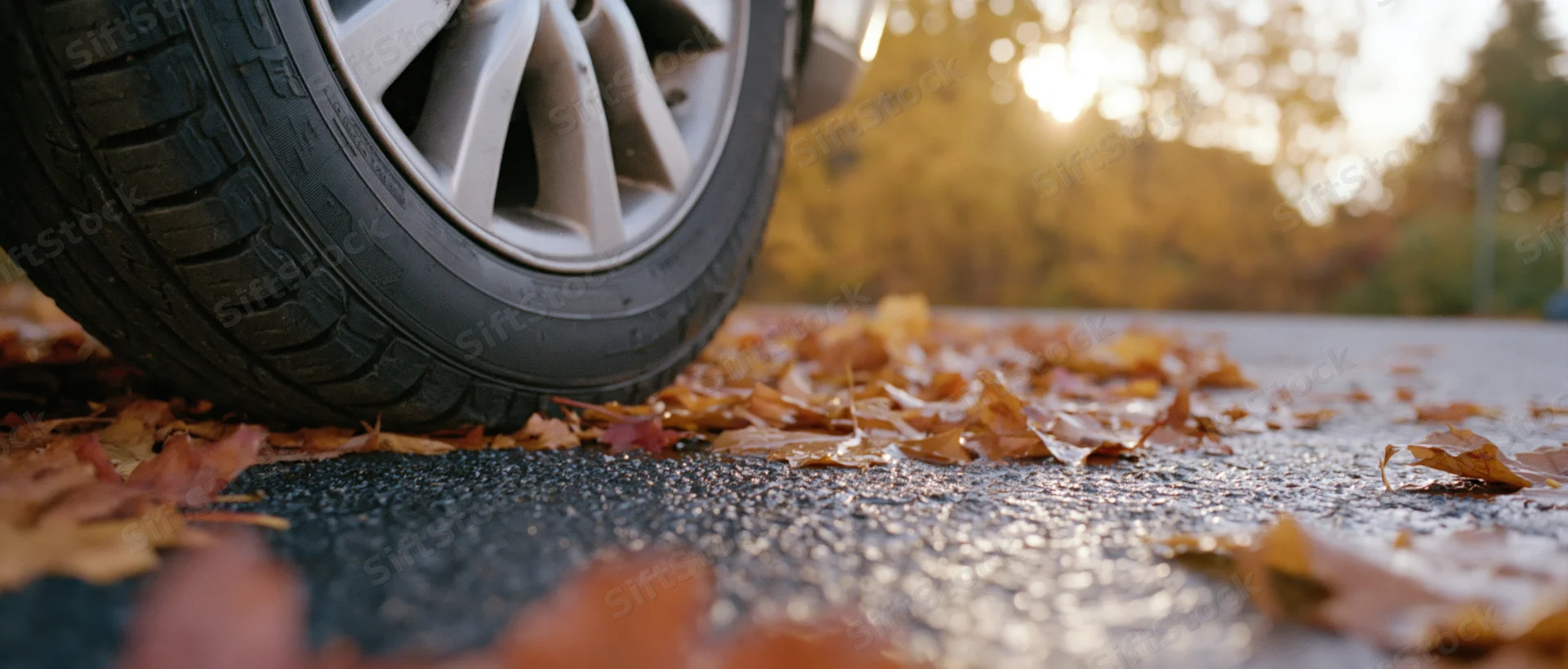 Car tire and alloy wheel resting on wet asphalt covered in autumn leaves