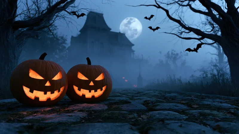 Two carved jack-o-lanterns glowing on a mossy cobblestone path at night with a haunted house and full moon in the foggy background