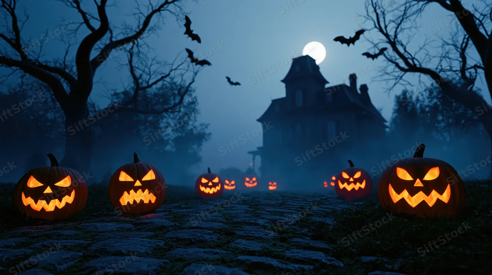 Carved jack-o-lanterns glowing on a mossy cobblestone path at night with a haunted house and bats in the background