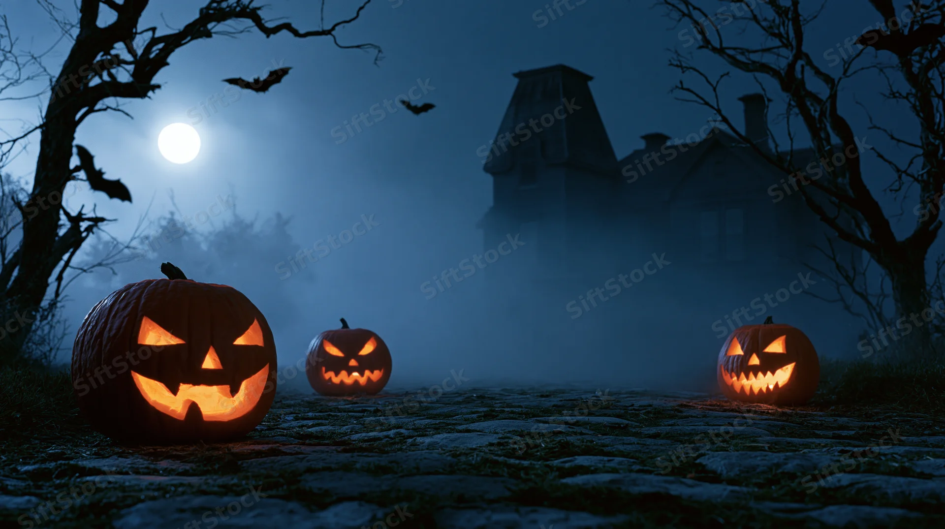 Carved jack-o-lanterns glowing on mossy cobblestone at night near a haunted house