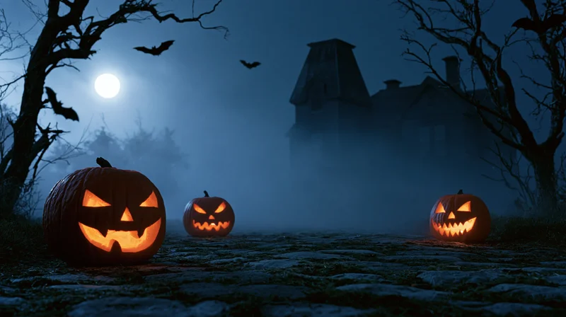 Carved jack-o-lanterns glowing on mossy cobblestone at night near a haunted house
