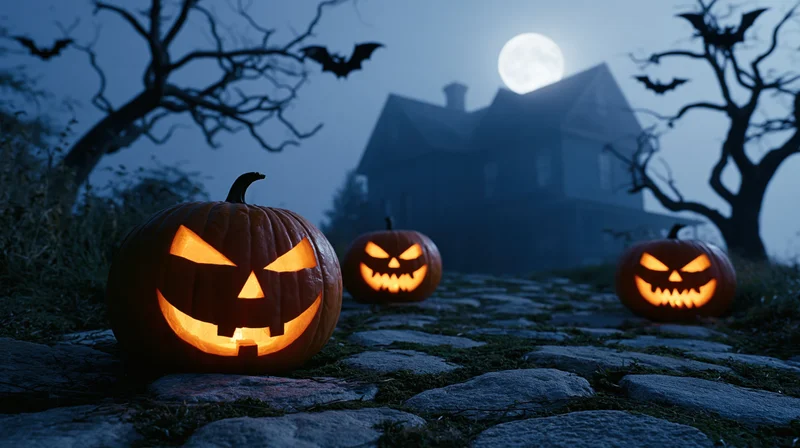 Carved jack-o-lanterns glowing on a mossy cobblestone path at night with a haunted house and full moon in the background