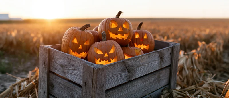 Carved jack-o-lanterns glowing in a wooden crate in a cornfield at sunset